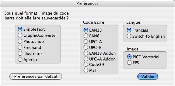 capture d'cran des Preferences du logiciel Code Barre X