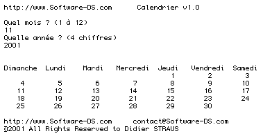 Calendrier Novembre 2001